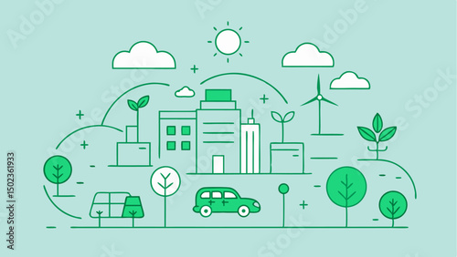 Green energy stroke icon set featuring eco-friendly city elements, sustainable resources, and renewable energy themes for environment-conscious design work.