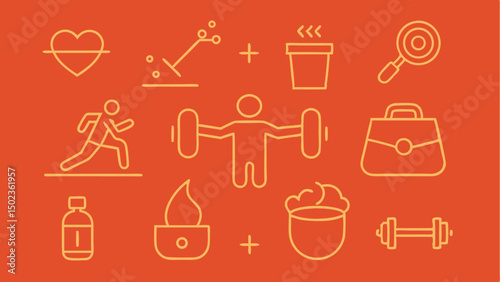 Fitness and gym lifestyle stroke icons featuring workout gear, training routines, and healthy living elements for use in sports apps and wellness designs.