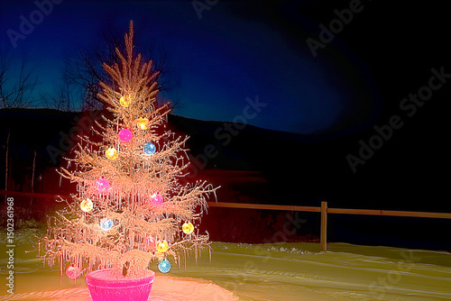 Illuminated christmas tree adorned with colorful ornaments and icicles in a winter wonderland evening scenery