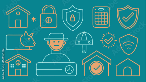 Stroke icon set showcasing home security themes including surveillance smart locks and alarm systems designed for home safety and tech service platforms