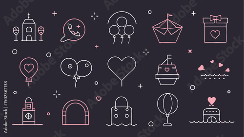Editable honeymoon icon collection featuring cruises beaches romantic getaways and travel elements ideal for wedding planners and travel blogs