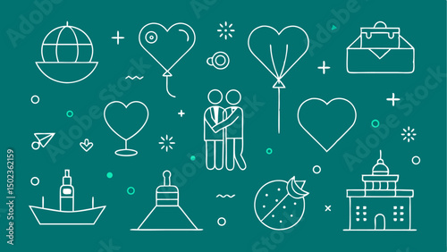 Romantic travel icon collection for honeymoon planning including beach getaways cruises and travel essentials with clean editable stroke designs for digital use