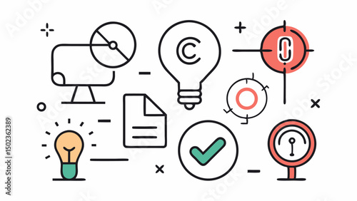 Intellectual property stroke icon collection containing neat and modern visuals suitable for legal use, innovation protection, and creative intellectual rights topics
