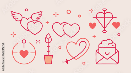 Love stroke icon set with heart cupid couple and romantic elements designed for use in valentine content dating apps and love themed digital media