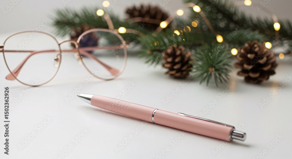 Pink pen and eyeglasses on a table with Christmas decorations and lights creating a festive atmosphere Pink pen and eyeglasses on a table with Christmas decorations and lights creating a festive atmosphere