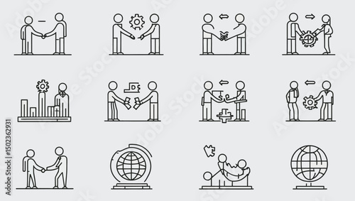 Business icons showing communication, investment, global reach, partnership, and problem-solving.