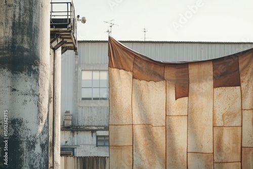 Industrial fabric sheet hanging in urban environment with contrast of textures