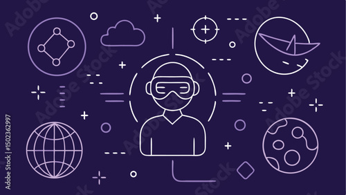 Metaverse icon set featuring outline illustrations of virtual environments avatars digital interaction and augmented experiences great for future tech and metaverse concepts