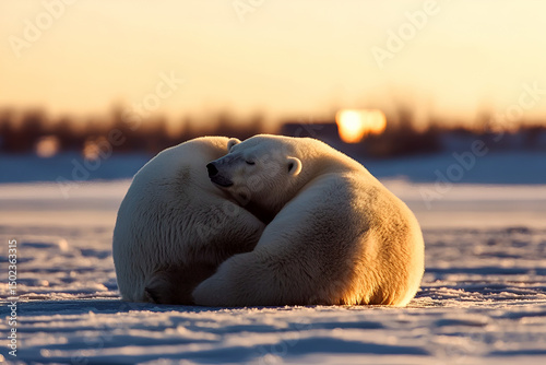 Two polar bears embracing each other in a peaceful scene with a soft sunset light on frozen landscape in the arctic wilderness