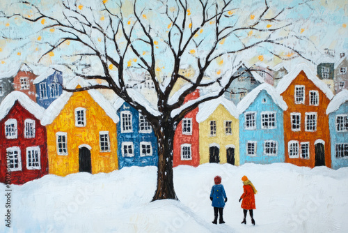 Whimsical oil painting of two people walking in snow past colorful houses and a tree under a wintry sky with falling snow.