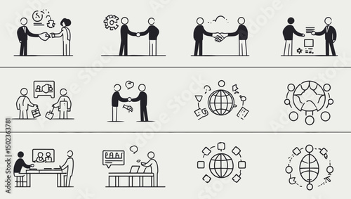Business deal icons in black and white line art showcasing teamwork and global partnerships.