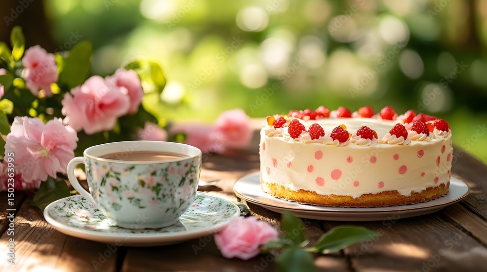 Cake, coffee on outdoor table, Mother's Day. Cake, coffee on outdoor table, Mother's Day.