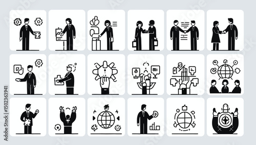 Business success, teamwork, global connection, and financial investment icons in a minimalist style.
