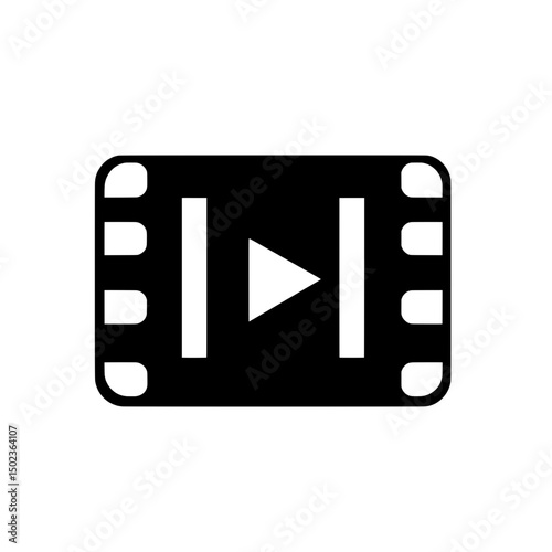 Play button inside filmstrip icon in bold black style representing video content or media playback