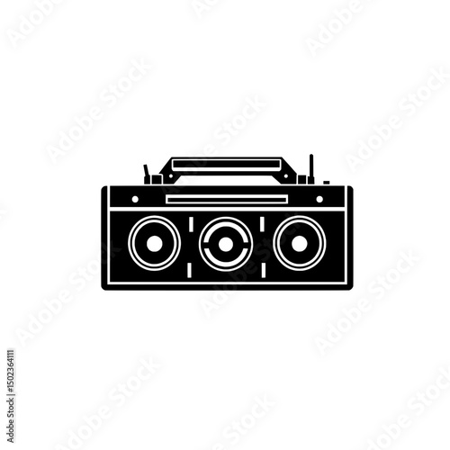 Detailed retro boombox illustration with dual speakers and antenna in bold black line style