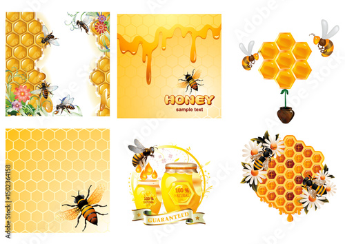 A collection of honey-themed vector illustrations featuring honeycomb patterns, dripping honey, buzzing bees, honey jars, and floral elements, ideal for natural and food-related designs