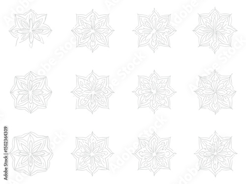 A Set of Twelve Hand-Drawn Floral Mandala Designs in Light Gray on White Background.