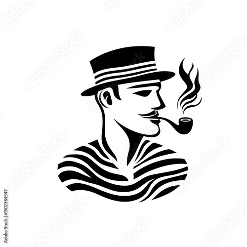 Stylish man in top hat and striped shirt smoking pipe with side profile view