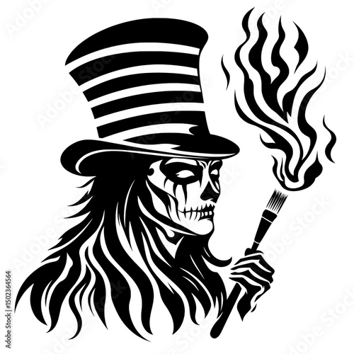 Skull-faced man in top hat smoking pipe with abstract flames and shadow style illustration