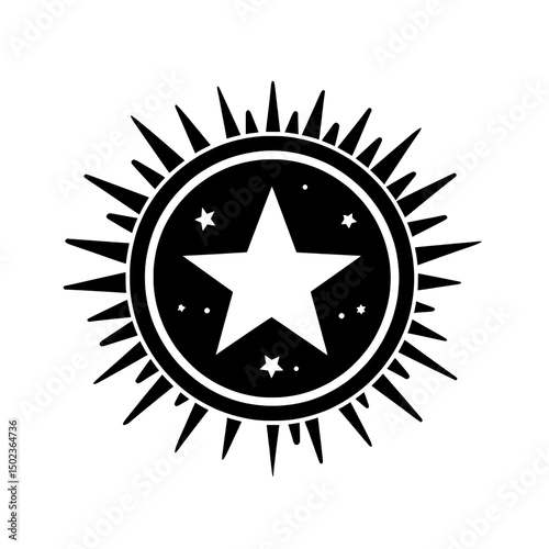 Star badge icon with radiating rays and circular border in bold graphic style
