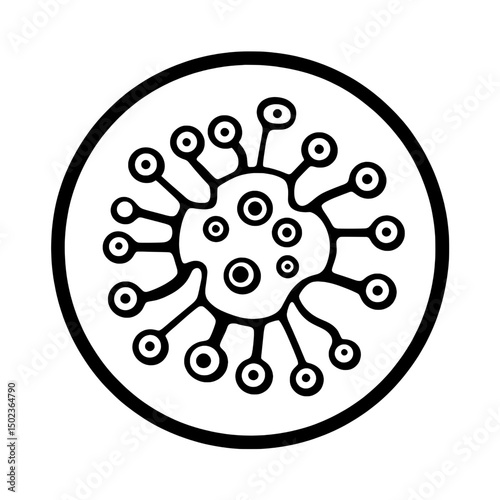 Virus or cell structure icon in a circular design with radial digital nodes