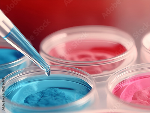 Laboratory experiment with pipette dropping blue liquid into petri dish cultures for scientific research and analysis
