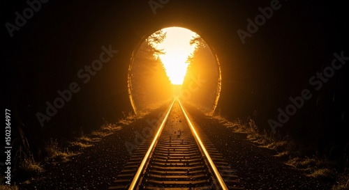 Railroad tracks lead into a tunnel with a bright light at the end surrounded by trees casting a warm golden glow