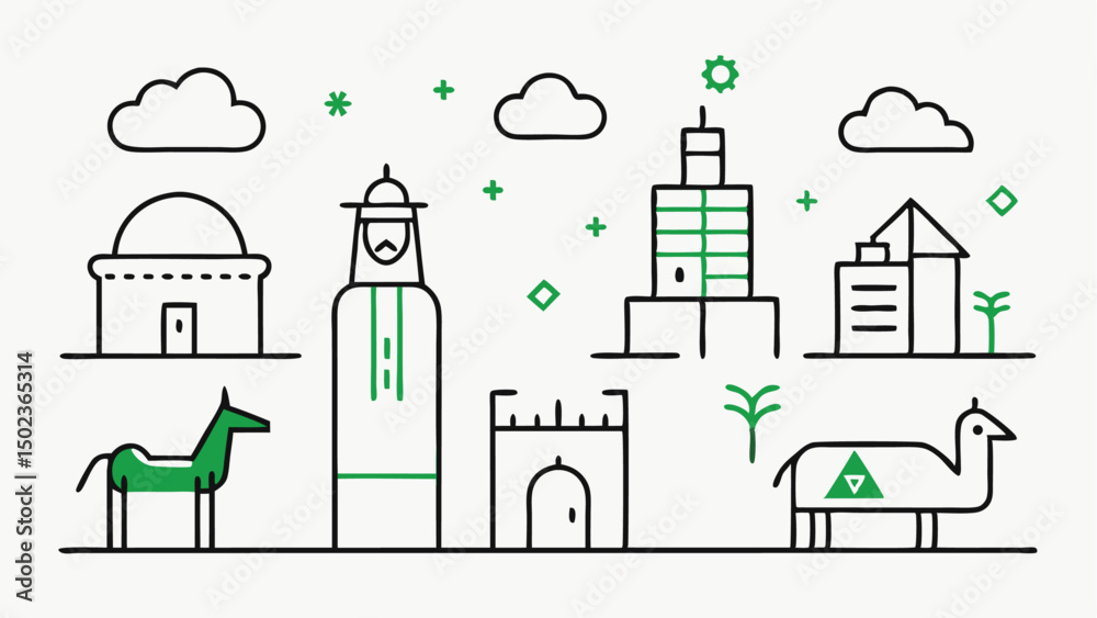 Obraz premium saudi arabia line icons featuring famous buildings and structures throughout Saudi Arabia