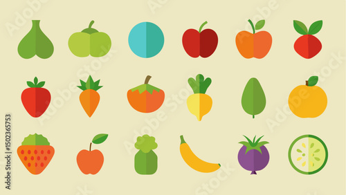 Set of flat fruits and vegetables icons collection