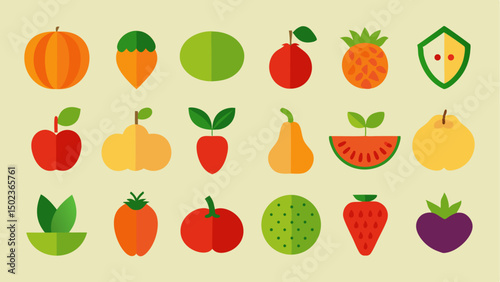 Set of flat fruits and vegetables icons collection