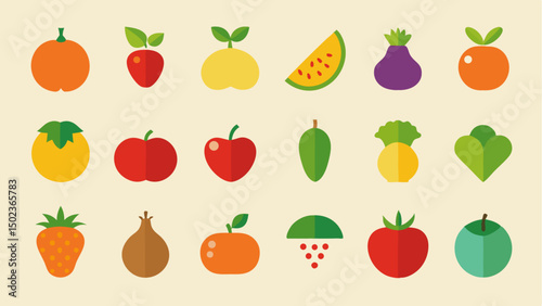 Set of flat fruits and vegetables icons collection