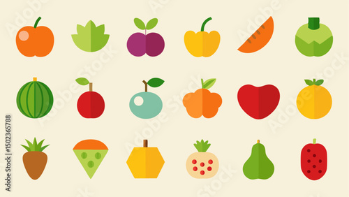 Set of flat fruits and vegetables icons collection