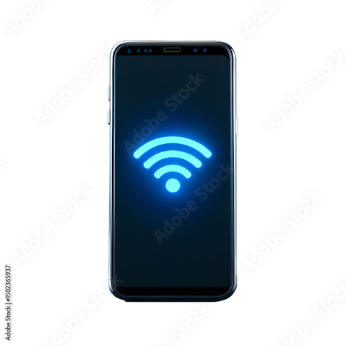  A modern smartphone displays a vibrant blue wifi signal icon, symbolizing seamless connectivity and digital access.