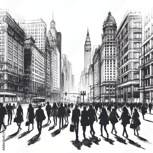 crowd of people walking ink sketch isolated on white background urban sketching panorama view