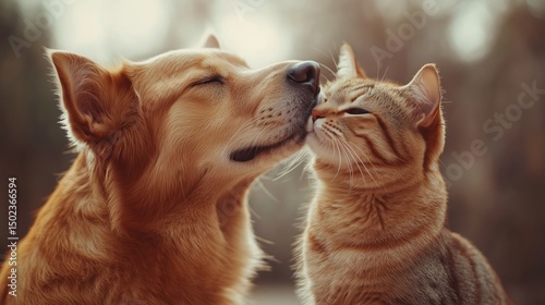 Golden retriever and tabby cat nuzzling.