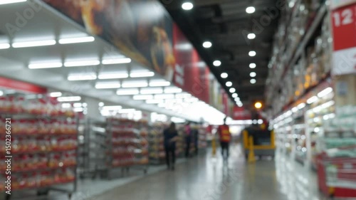 Defocused Blurred view of store worker safety work with folklift truck at warehouse hypermarket superstore store background.