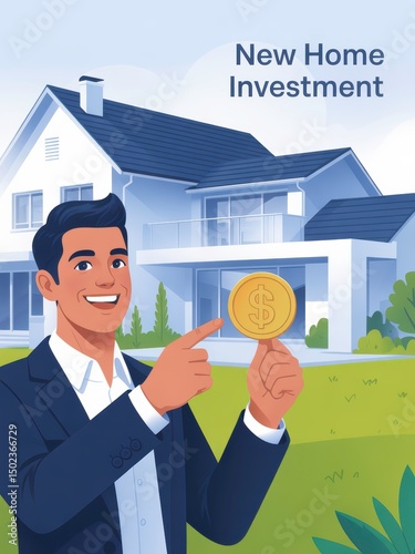Modern Home Investment Concept with Person Holding Currency Coin in Front of Residential Property for Real Estate Marketing and Financial Growth