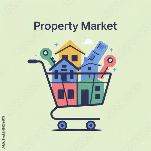 Colorful Illustration of Property Market with Houses and Keys in Shopping Cart Representing Real Estate Investment Concept