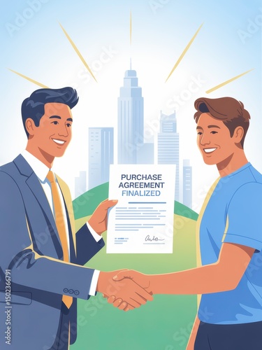 Happy Businessmen Shaking Hands After Finalizing Purchase Agreement with City Skyline in Background Illustrating Successful Deal in Modern Setting