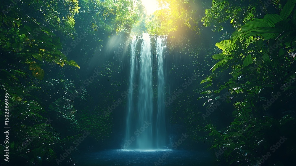 Fototapeta premium Serene jungle waterfall bathed in sunlight
