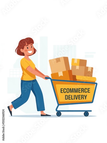 Woman Pushing Cart with Boxes Representing E-commerce Delivery and Online Shopping Concept in a Modern Flat Design Style