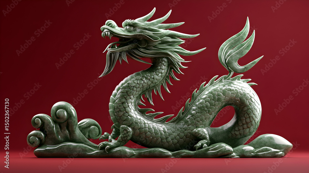 Fototapeta premium Green jade dragon statue against a deep red backdrop evoking mythology and artistry
