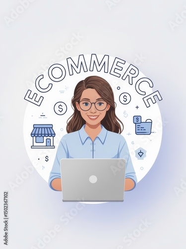 Cheerful woman working on laptop with eCommerce elements, engaging in online business and digital transactions in stylish illustration
