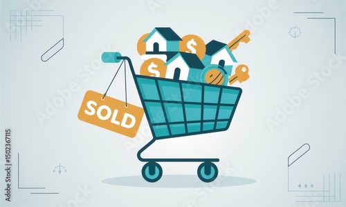 Shopping Cart with Sold Homes, Dollar Symbols, Keys, and Real Estate Elements Representing Successful Property Transactions and Market Activity