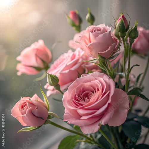  Delicate pink roses in full bloom, their petals whispering tales of beauty, bathed in gentle sunlight, evoke a sense of peace and harmony. 