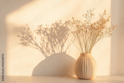 Elegant dried flowers in cream vase with soft shadowing