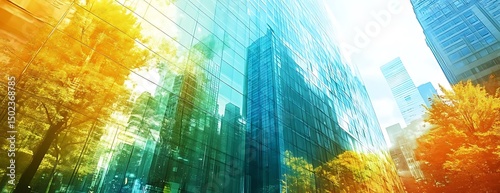 Autumn city skyscrapers, trees reflected