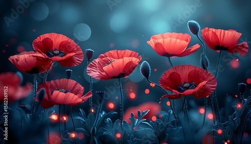 Red poppies in ethereal night