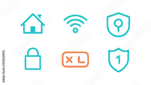 Smart home stroke icon collections featuring alarm system designs for contemporary smart homes