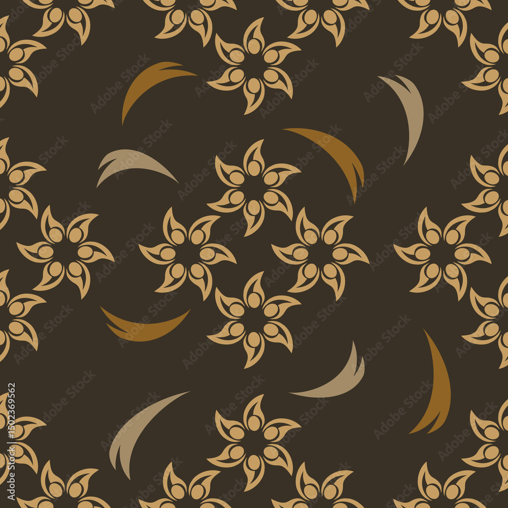 Fototapeta premium Elegant floral seamless pattern with gold swirling design elements dark brown background. Decorative ornate motif with curved shapes metallic hues creating sophisticated vintage aesthetic